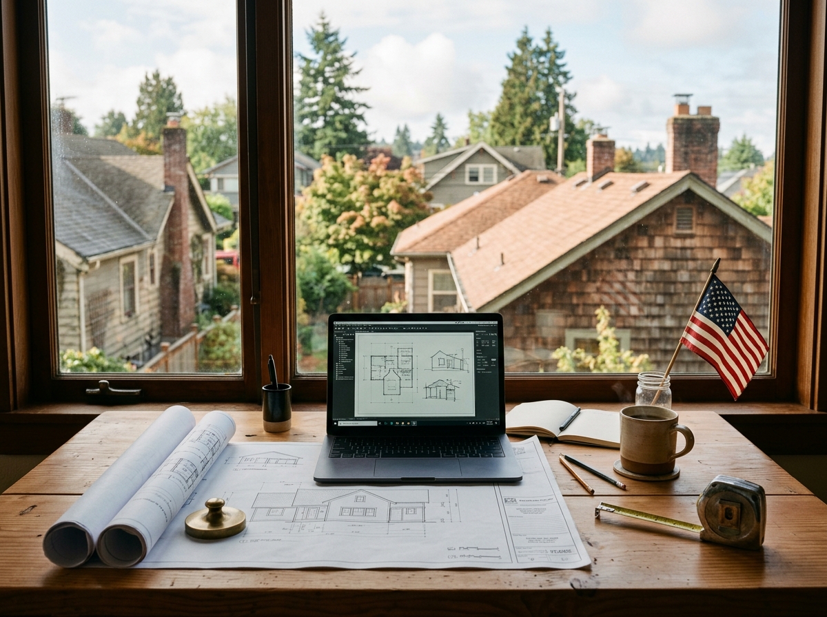 Portrait placeholder — workspace with laptop and blueprints