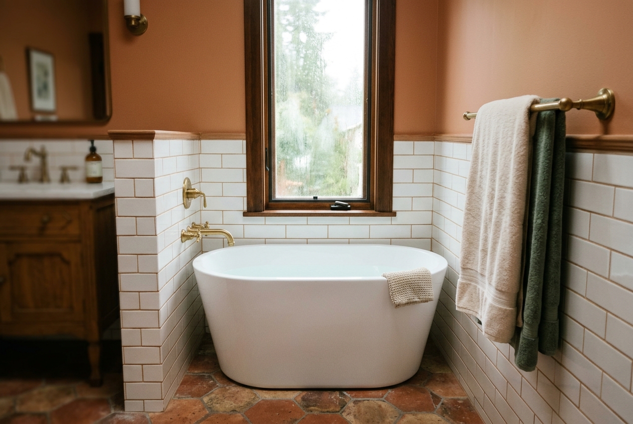 Compact primary bathroom with freestanding soaking tub under an awning window