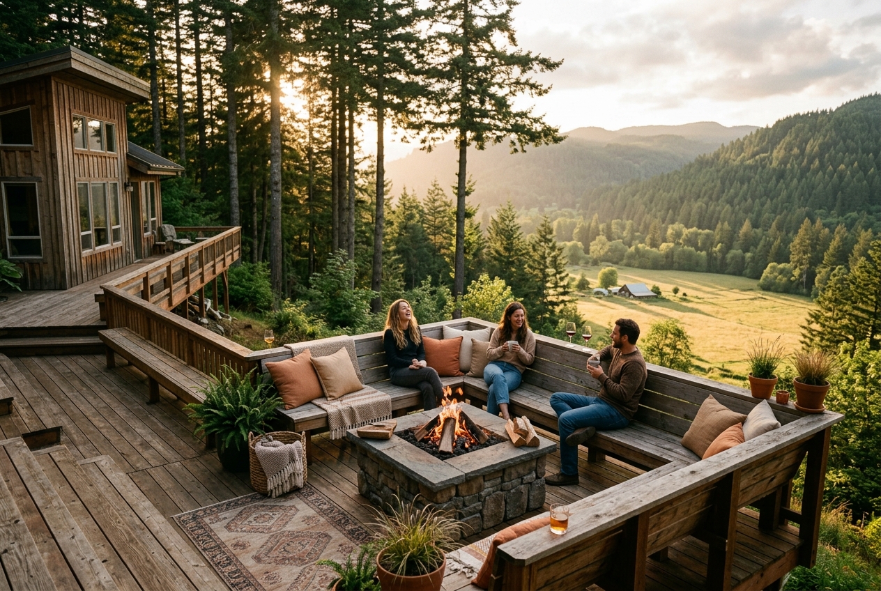 Multi-level cedar deck on a hillside Oregon home with an Adirondack fire feature