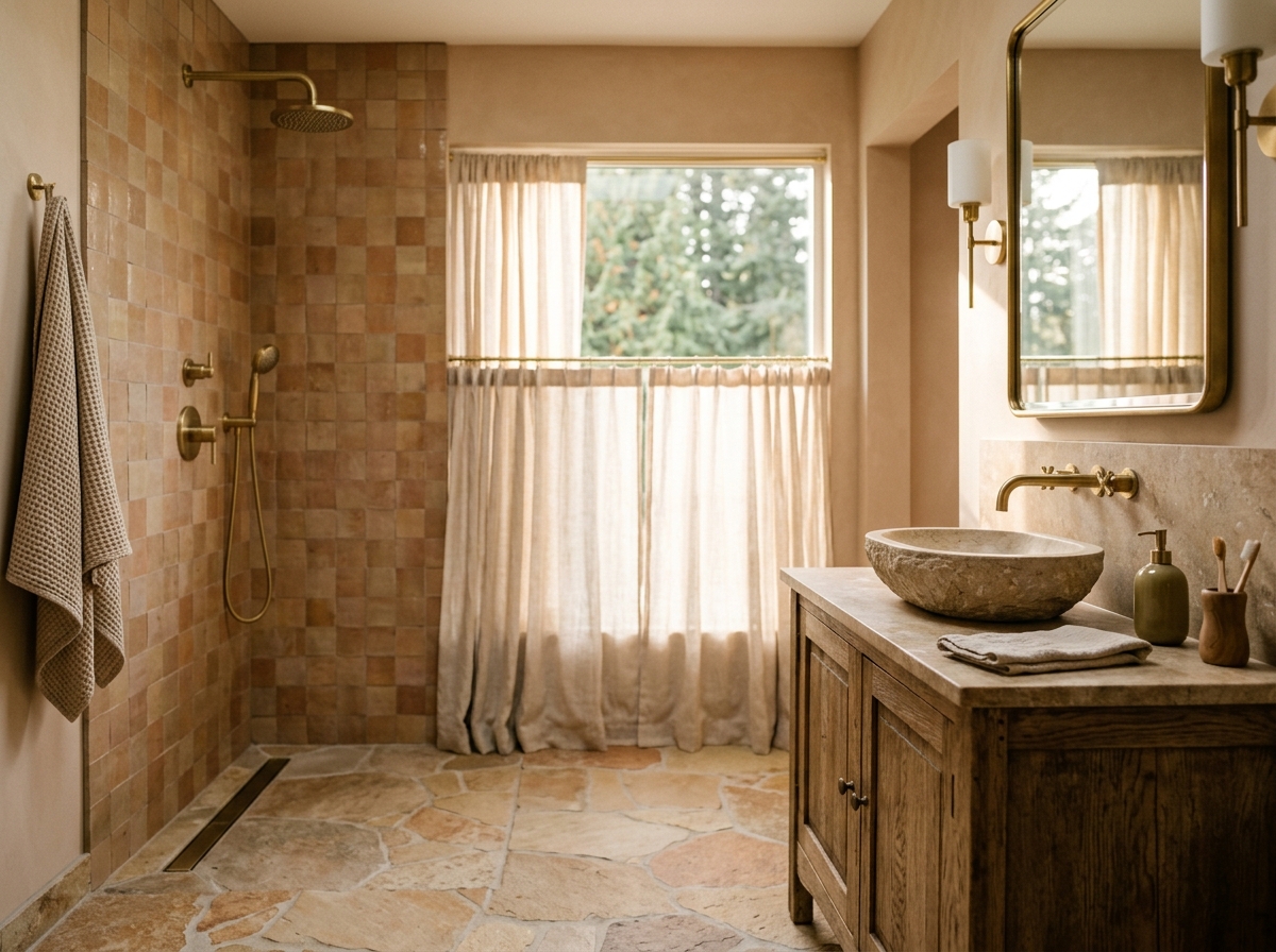 Walk-in tiled shower with warm sand-tone stone
