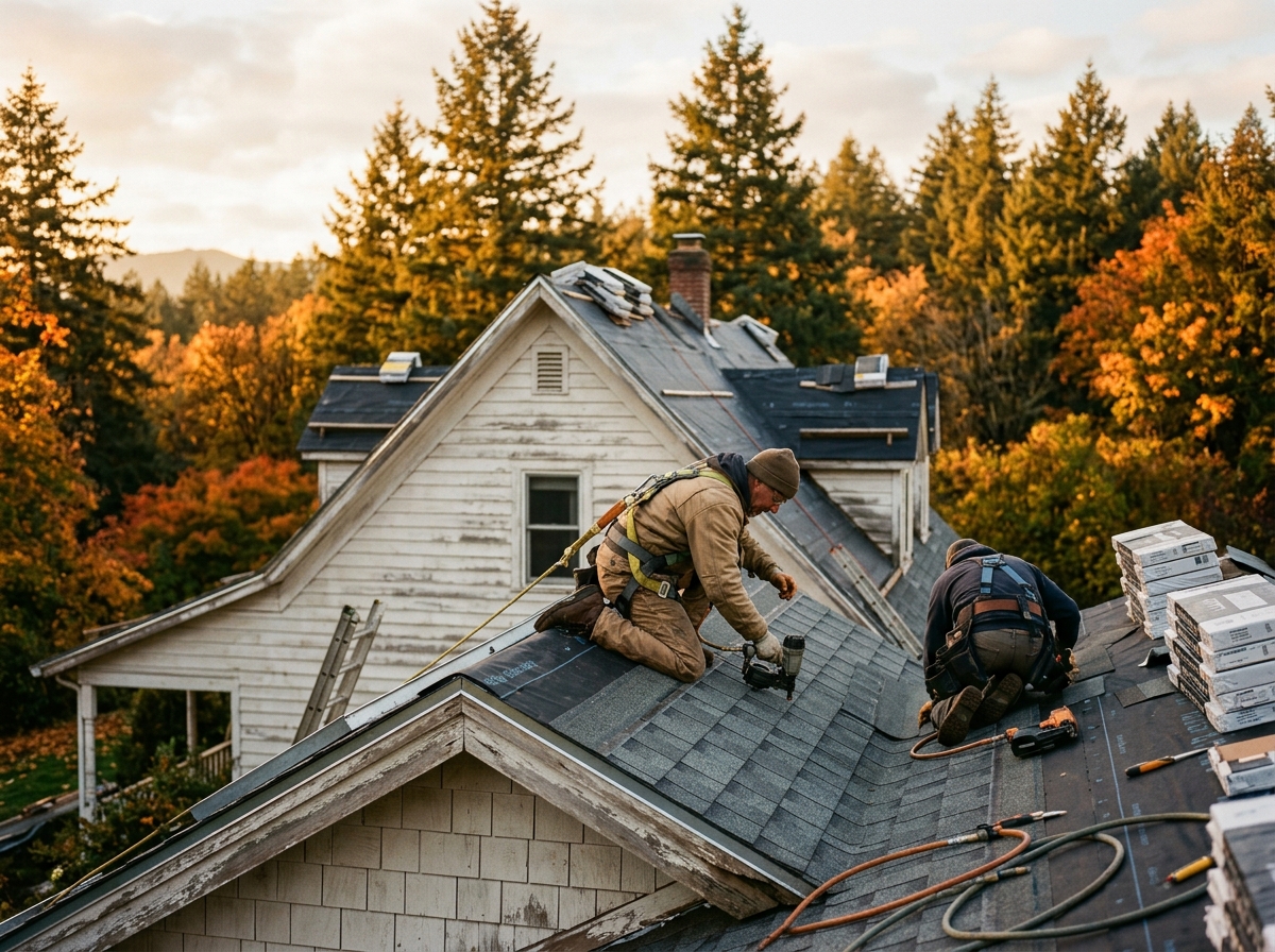 Residential re-roofing in progress on an Oregon farmhouse
